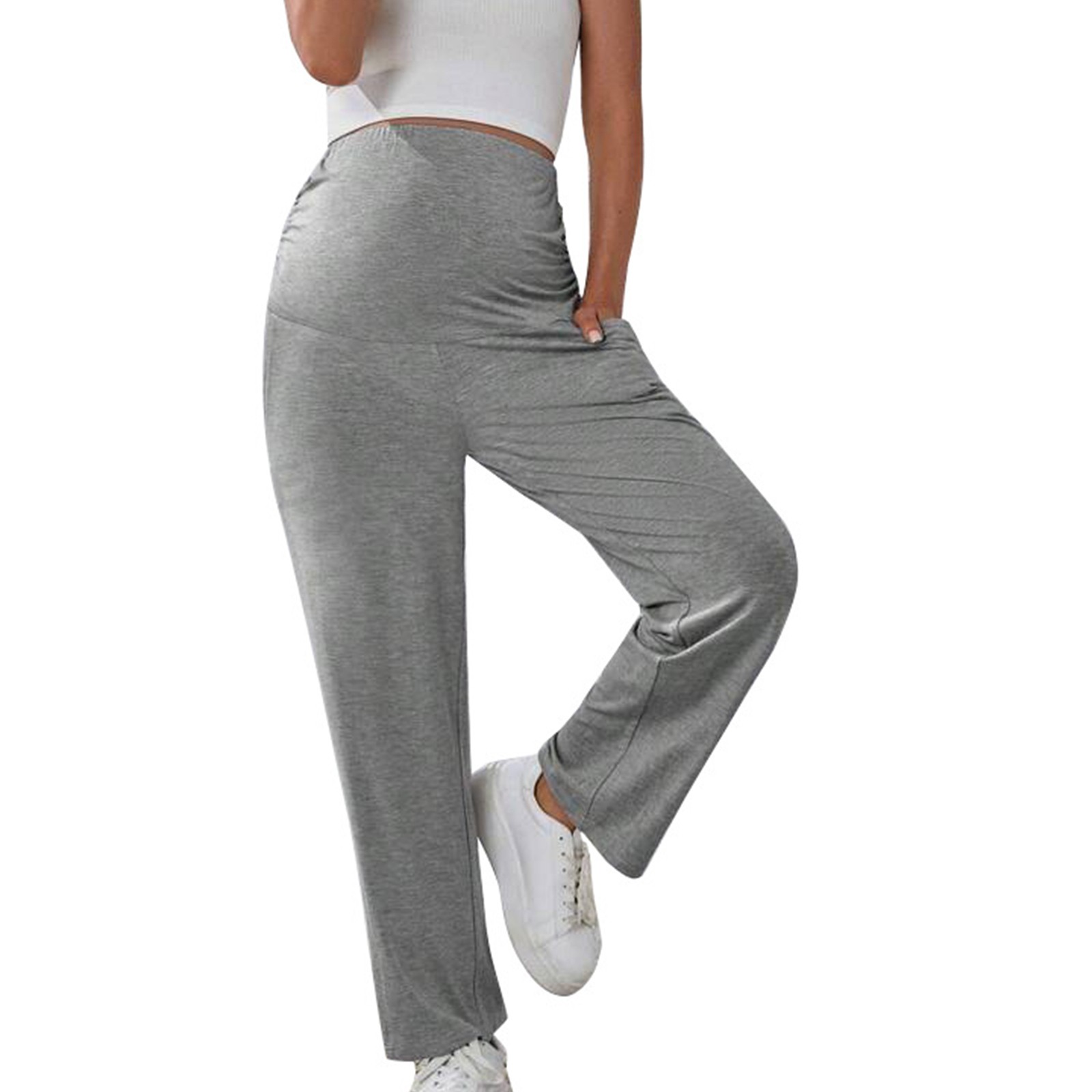 thumbnail image 2 of Pantalones rectos premamá para mujer: ajuste elástico y cómodo, color liso, lavables a máquina, aptos para el día a día/el trabajo, tallas S-XXL, 2 of 8